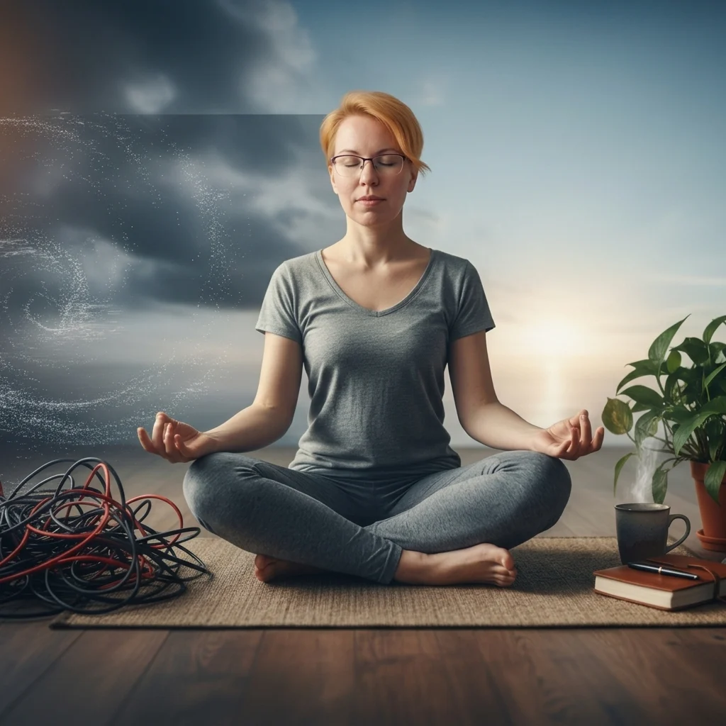 An evocative visual narrative showcasing a gender-neutral figure in a tranquil, contemplative pose, symbolizing inner calm amidst life's complexities. Surrounding elements artfully depict both modern stressors—like tangled wires and abstract digital noise—and tools for resilience, including a journal, warm drink, and a vibrant green plant. Natural lighting and rich textures emphasize a harmonious balance, reflecting quiet strength in the face of challenge.