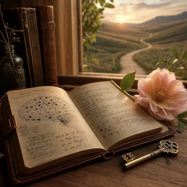 A serene still life captures an open leather journal revealing intricate neural network diagrams and handwritten insights, a delicate blooming flower, and an ornate vintage key. Soft natural light from a window subtly illuminates a winding path towards a hopeful horizon in the background, embodying discovery, growth, and the journey of thought.