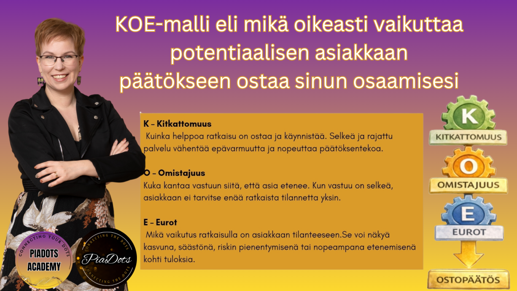 KOE-malli (Pia Kiviranta, PiaDots Academy) eli mikä oikeasti vaikuttaa potentiaalisen asiakkaan päätökseen ostaa sinun osaamisesi