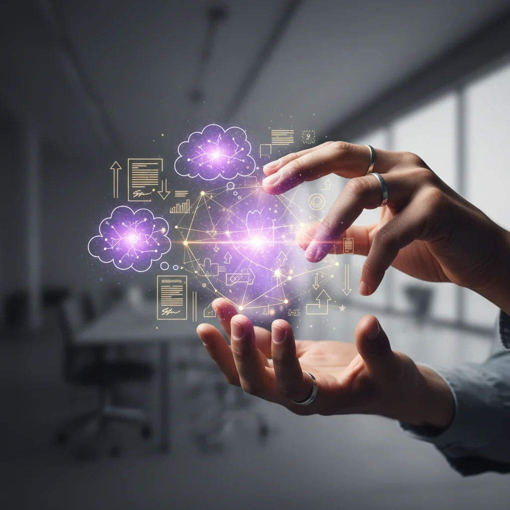 A dynamic, photorealistic portrayal of a professional freelancer's hands actively shaping abstract concepts. Luminous violet insights and golden lines symbolizing contracts and value emanate, highlighting strategic clarity and professionalism against a sophisticated black and white background.