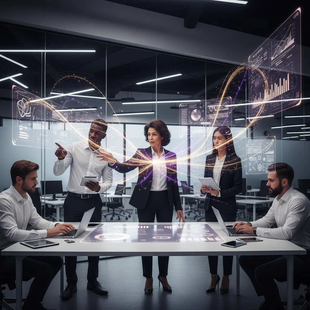 A diverse team of professionals collaborates under the luminous guidance of an experienced leader, whose confident gestures emanate dynamic streaks of violet and gold light. These vibrant hues illuminate abstract complex challenges, symbolizing clear, temporary leadership and the articulation of expertise in a modern corporate setting.
