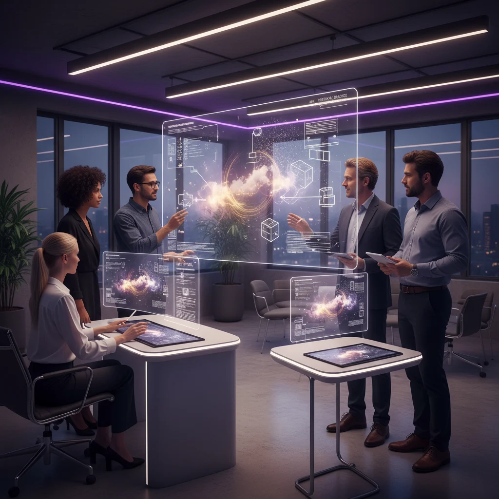 In a sleek, modern workspace, a diverse team of professional freelancers collaboratively translates abstract visions into structured service packages. Dynamic holographic projections illuminate their process, visually transforming complex ideas into clear project scopes and deliverables. The environment is subtly infused with sophisticated violet, gold, white, and black tones, signifying expertise, crystalline clarity, and the intrinsic value of their innovative solutions.