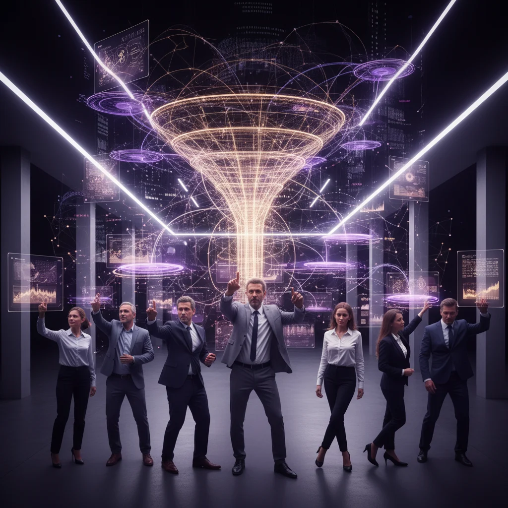 A photorealistic tableau where diverse professionals dynamically engage with an interconnected network of glowing digital platforms and abstract data streams. Bathed in vibrant violet and opulent gold light, this scene elegantly symbolizes the mastery of customer acquisition and the clear articulation of skills, set against a dramatic interplay of subtle white and deep black.
