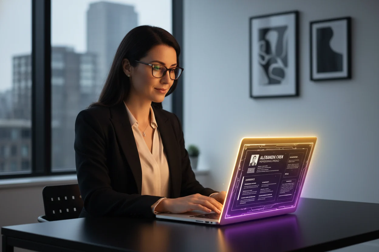 A photorealistic portrayal of a professional person exuding confidence, their gaze fixed on a laptop screen that brilliantly showcases a glowing CV/LinkedIn profile. The display radiates a striking spectrum of violet, yellow, and gold light, dramatically contrasting with the sleek white and black surroundings.