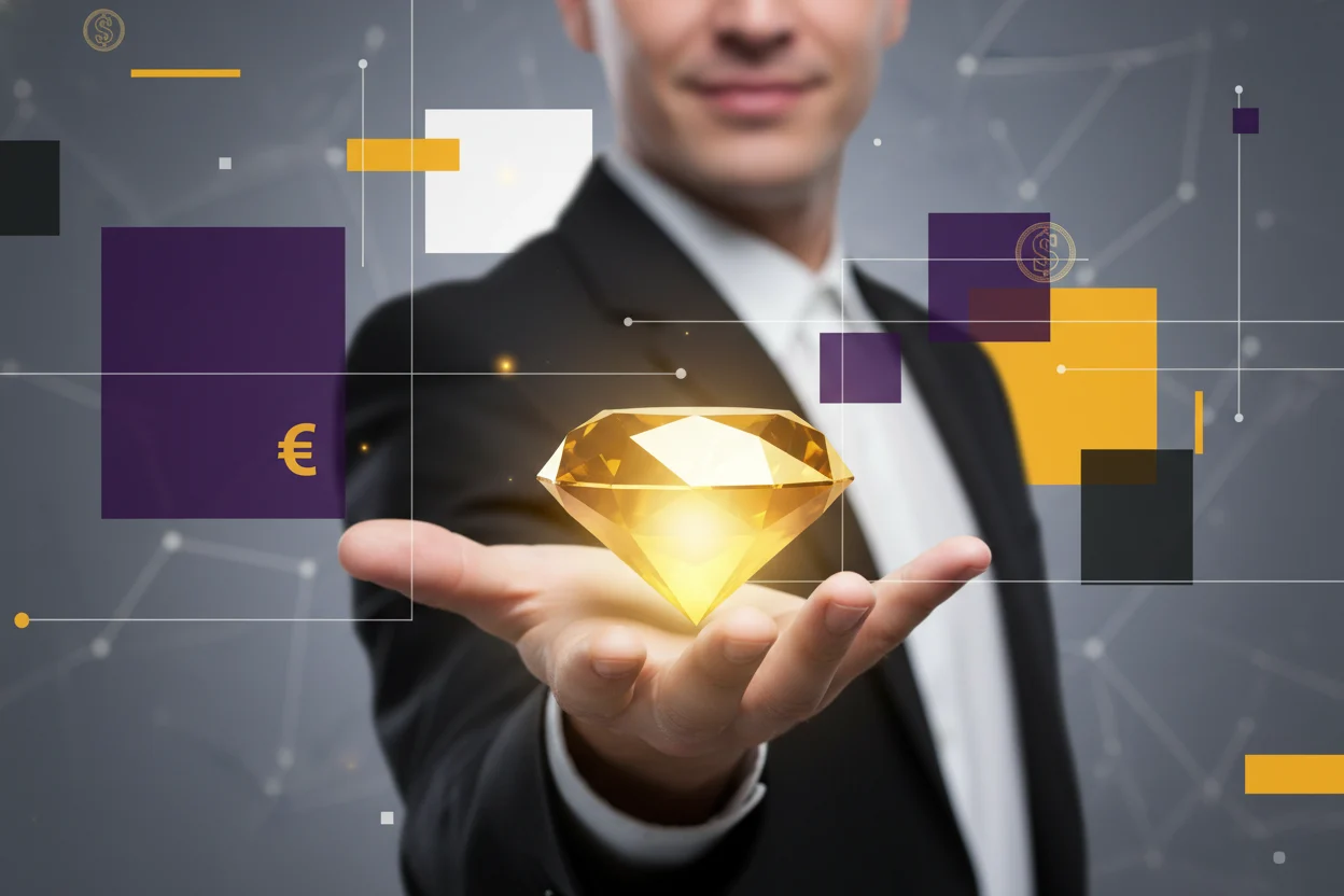 A striking photorealistic close-up captures a confident professional unveiling a brilliant, golden object, reminiscent of a polished diamond, symbolizing invaluable, purchasable expertise. Against a minimalist canvas of violet, yellow, white, and black, the scene eloquently portrays the concrete exchange of refined knowledge for substantial gain.