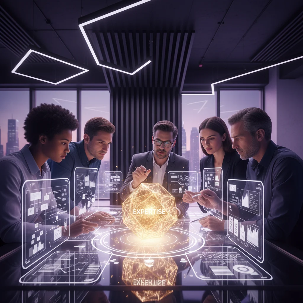 Within a sleek, modern workspace, a diverse group of professionals are deeply engrossed in collaboration, illuminated by soft violet and white light. Their intense focus is on transforming a complex idea into an impactful message, centered around a radiant, abstract golden concept that visibly embodies distilled expertise and inherent value.