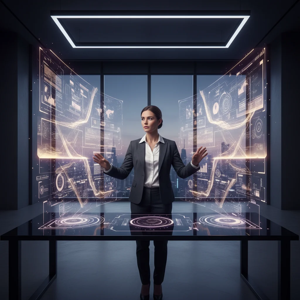A poised professional orchestrates multiple client workflows with strategic focus and calm control, visualized as interconnected, color-coded holographic projections in violet, gold, and white. This scene unfolds from a sleek workstation in a modern, minimalist office, showcasing clarified expertise and seamless time management in a symphony of digital precision.