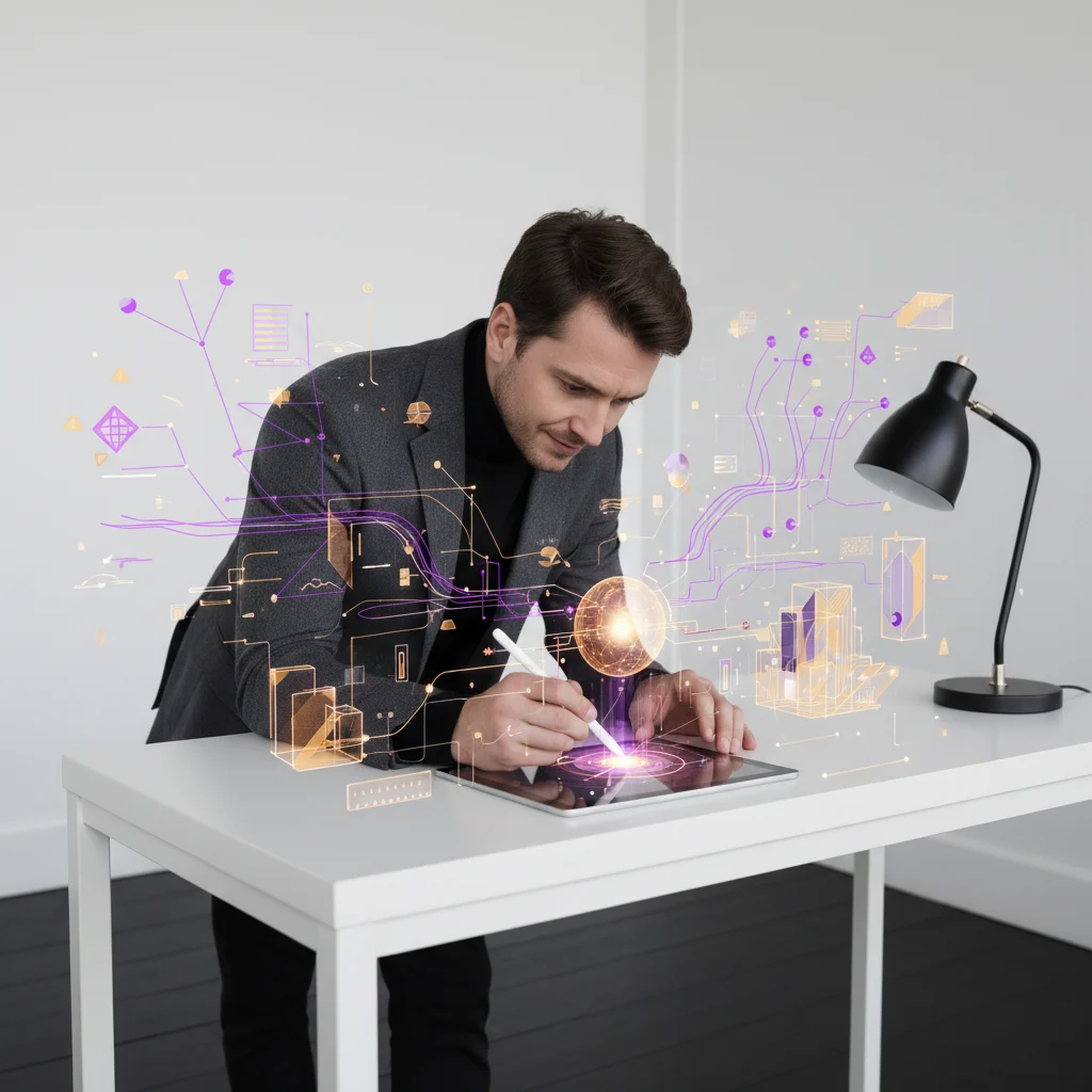 A professional meticulously sketches, bringing abstract concepts to life through glowing violet and golden holographic projections. This photorealistic scene captures the intense focus and deep thought involved in structuring personal expertise into a defined service within a minimalist, modern environment.