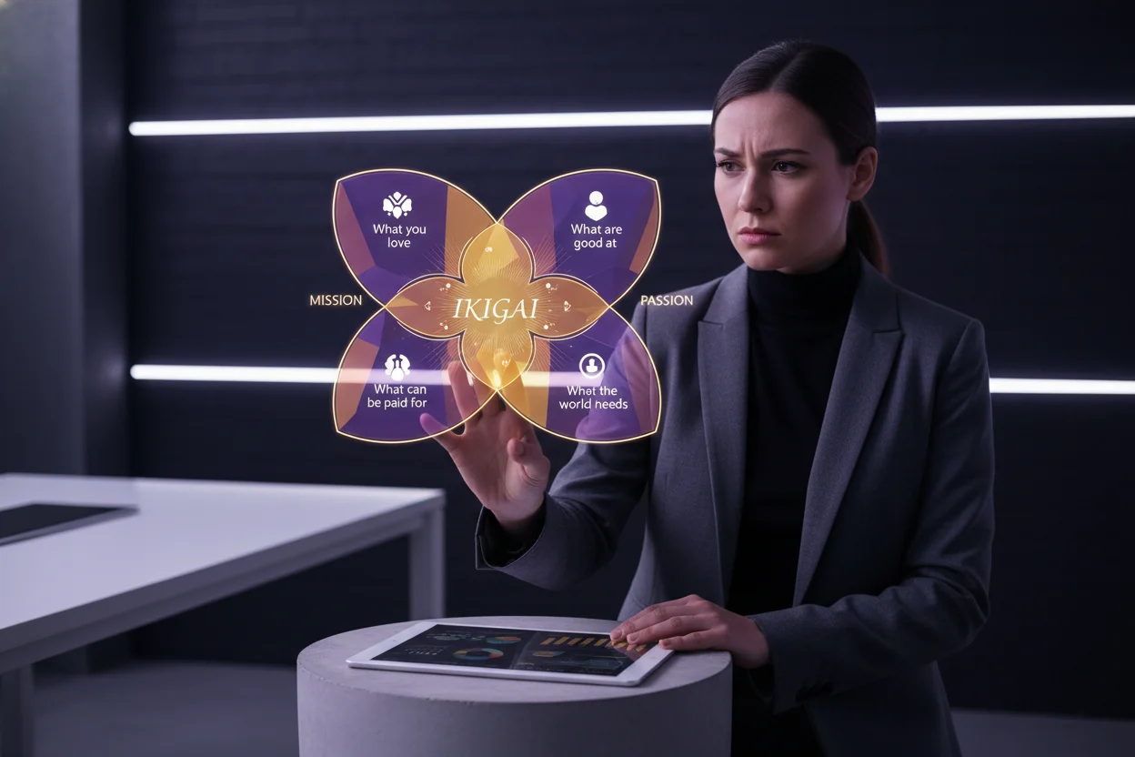 A striking photorealistic image captures a focused professional, deep in contemplation, subtly engaging with a luminous, multifaceted representation of their Ikigai. The scene is masterfully lit with a sophisticated blend of violet, yellow, and golden light, set against clean white and deep black elements, emphasizing profound clarity and refined value.