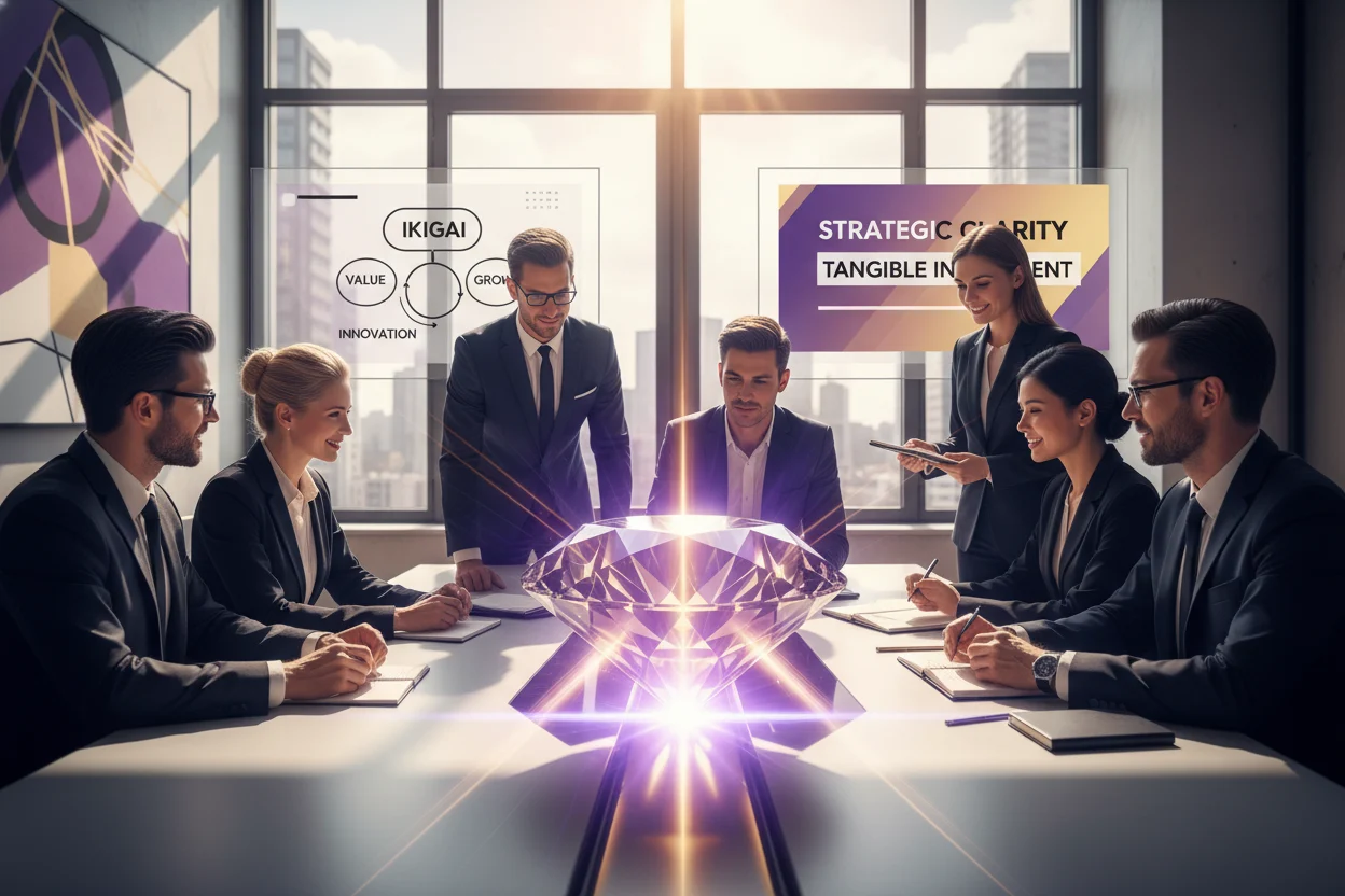 A photorealistic depiction of diverse professionals in a contemporary office, collaborating under the radiant glow of a prominent, faceted diamond. This central gem symbolizes refined expertise and invaluable business solutions, born from the strategic application of Ikigai. The sophisticated palette of violet, golden yellow, and white, with sharp black details, underscores clarity and the tangible return on purposeful investment.