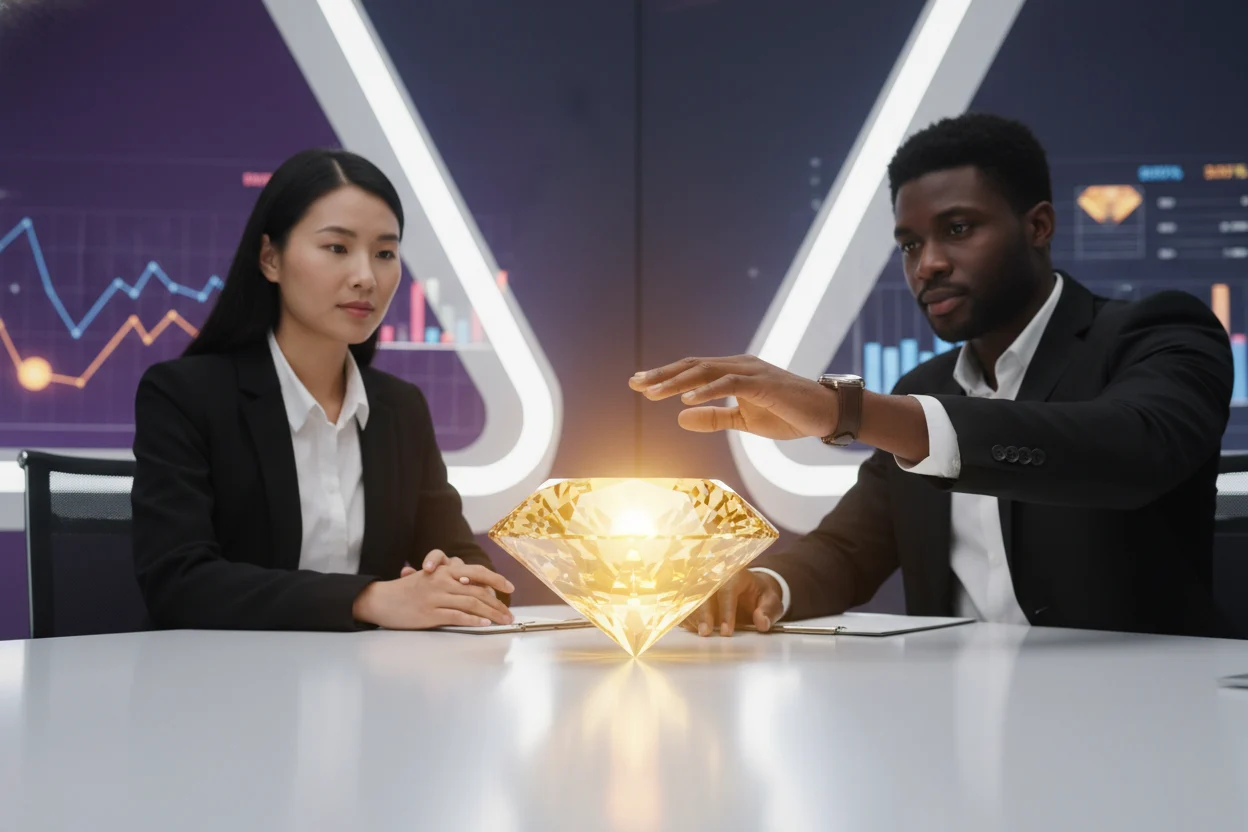 Two diverse professionals in a modern, minimalist setting are captivated by a brilliant, glowing golden-yellow faceted diamond. It symbolizes invaluable, frictionless expertise and investment potential, highlighted by a subtle hand asserting ownership. The sophisticated blend of soft violet and crisp white tones in the background emphasizes strategic clarity and profound value.