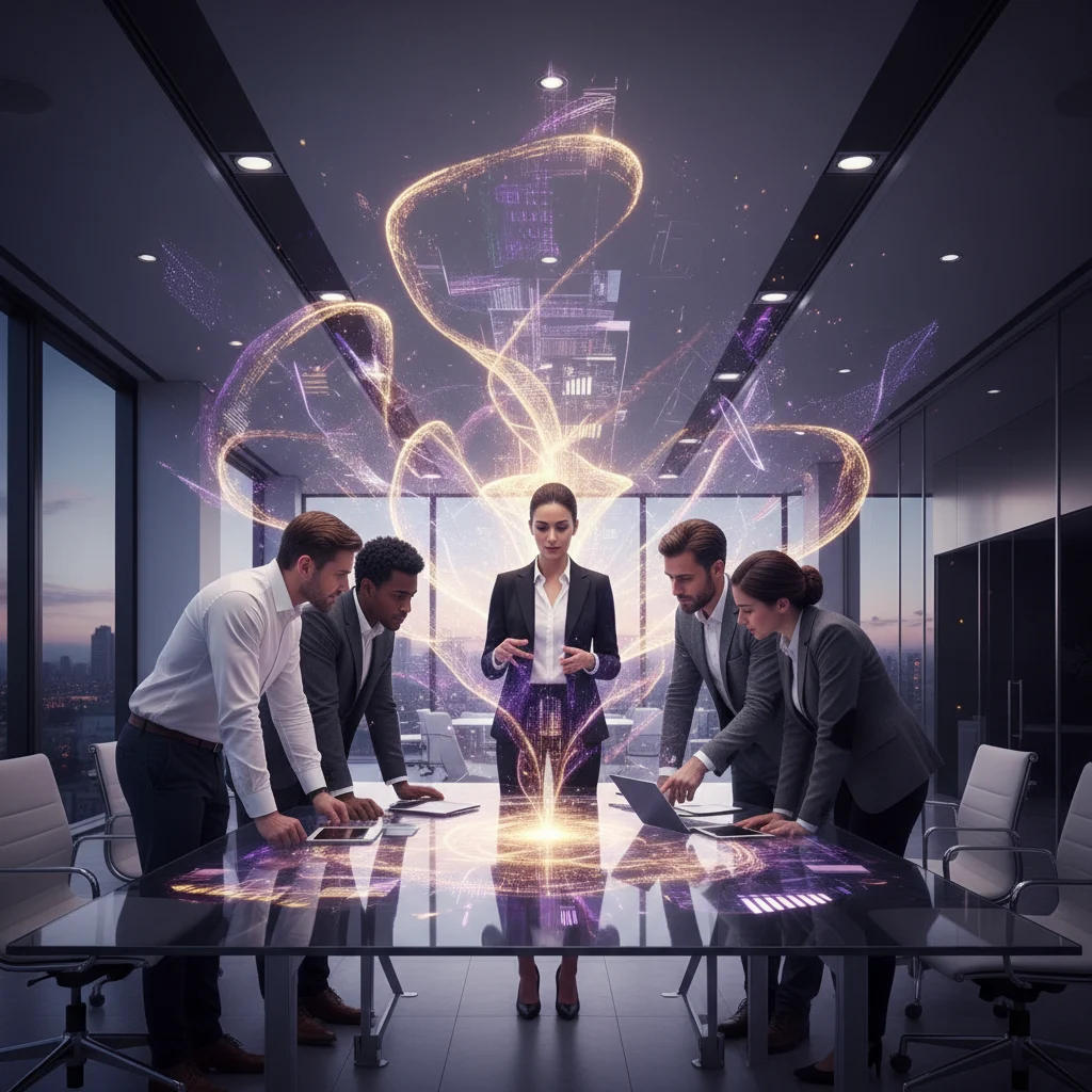 A photorealistic scene where diverse professionals converge in a sleek, modern office, actively collaborating. A central consultant expertly clarifies complex information, while abstract glowing violet and golden light forms vividly represent emerging data insights and strategic solutions. The image elegantly captures the essence of collaborative problem-solving and clear outcomes, rendered with a sophisticated palette dominated by violet, gold, white, and black.