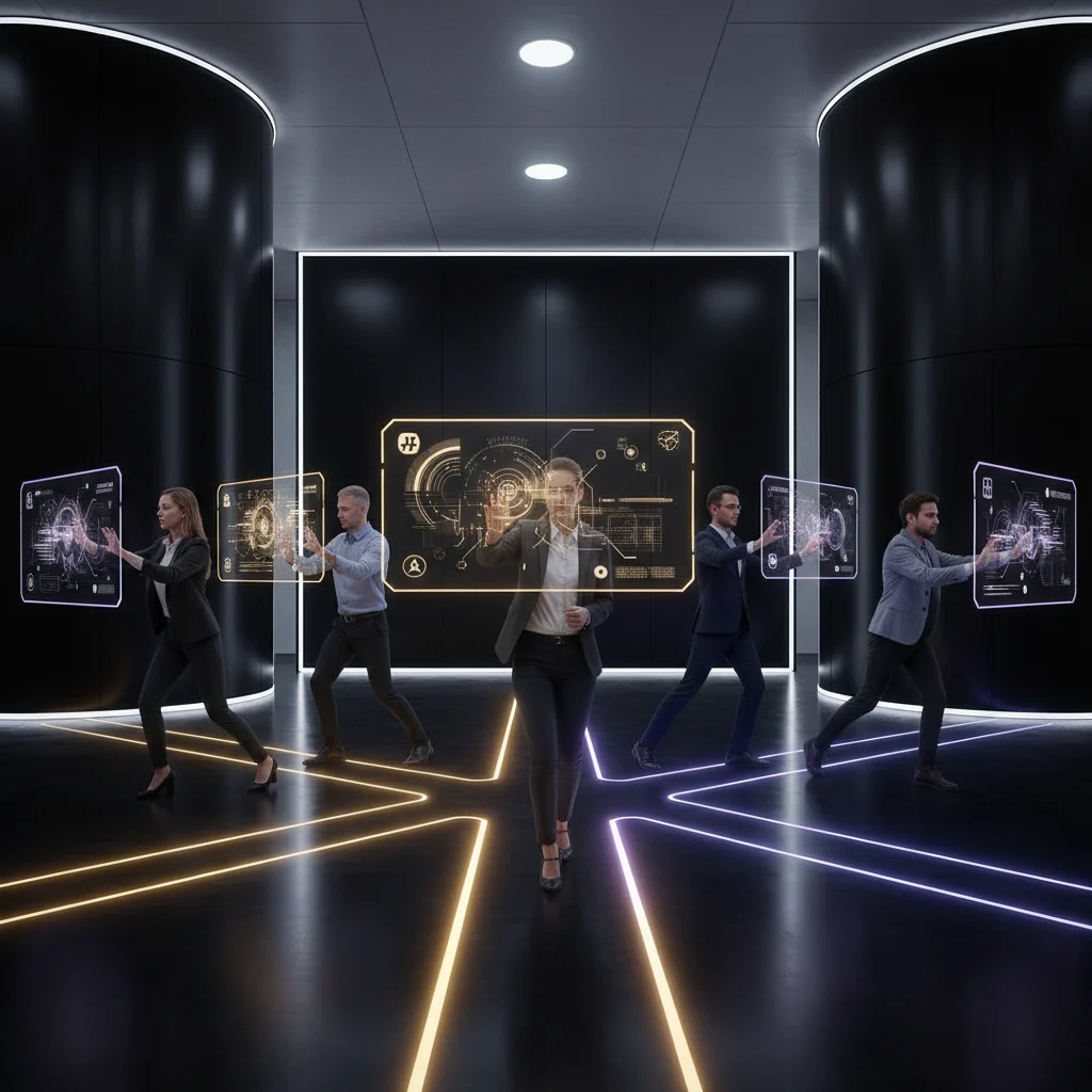 Dynamic professionals navigate a conceptual crossroads, bathed in brilliant gold and violet light symbolizing their expertise. They interact with glowing pathways and holographic interfaces, meticulously charting their career paths and embracing personal growth in a sleek, modern environment with elegant black accents, devoid of text or labels.