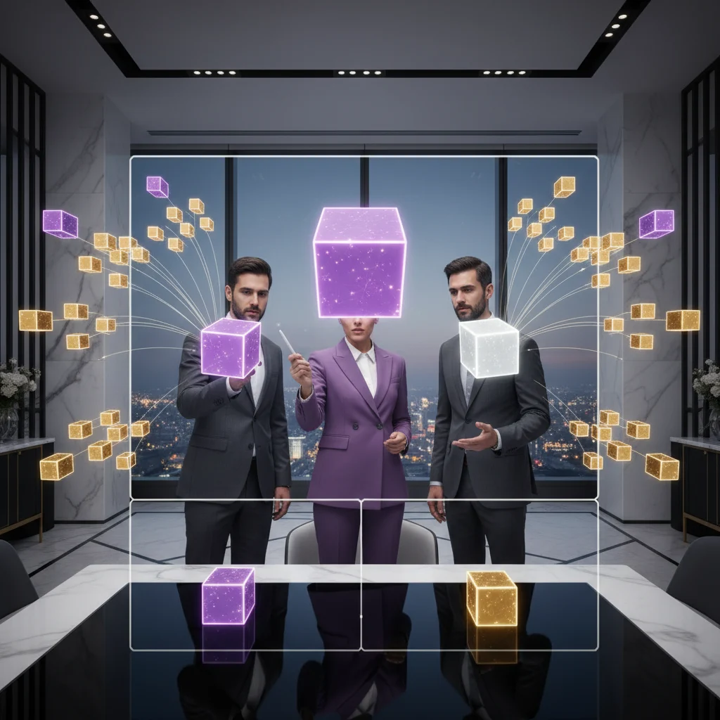 A photorealistic scene captures professionals orchestrating glowing, modular blocks of specialized expertise in vibrant violet and gold. The composition emphasizes clarity, immense value, and scalable solutions tailored to diverse clients, all within a sleek, modern business environment.