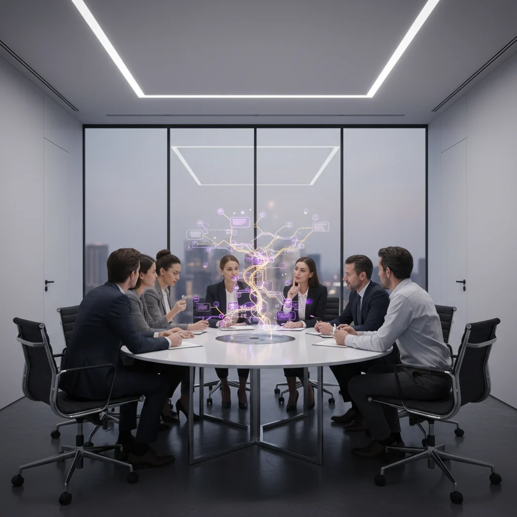A diverse team of professionals converges in a minimalist, modern strategic meeting room, their collective expertise illuminating a vibrant holographic projection. The central display, a mesmerizing tapestry of violet and golden pathways, visualizes evolving ideas and interconnected strategies, symbolizing the articulation of complex concepts for business success against a stark white and black backdrop.
