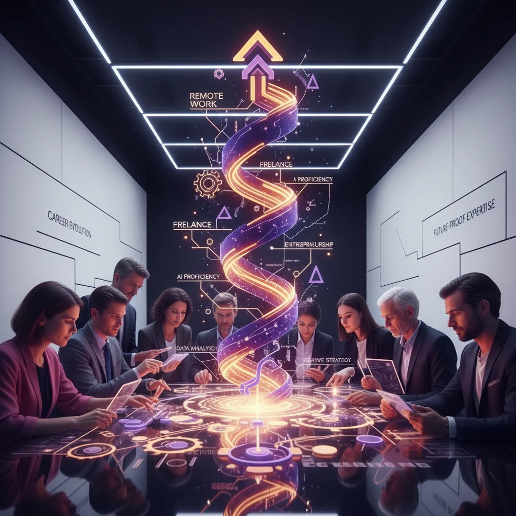 Diverse professionals in a photorealistic scene actively synthesize complex career concepts, interacting with abstract violet and gold elements representing work models and skills. These glowing forms coalesce into a coherent structure against a sophisticated white and black backdrop, emphasizing clarity and strategic choice in shaping future expertise.