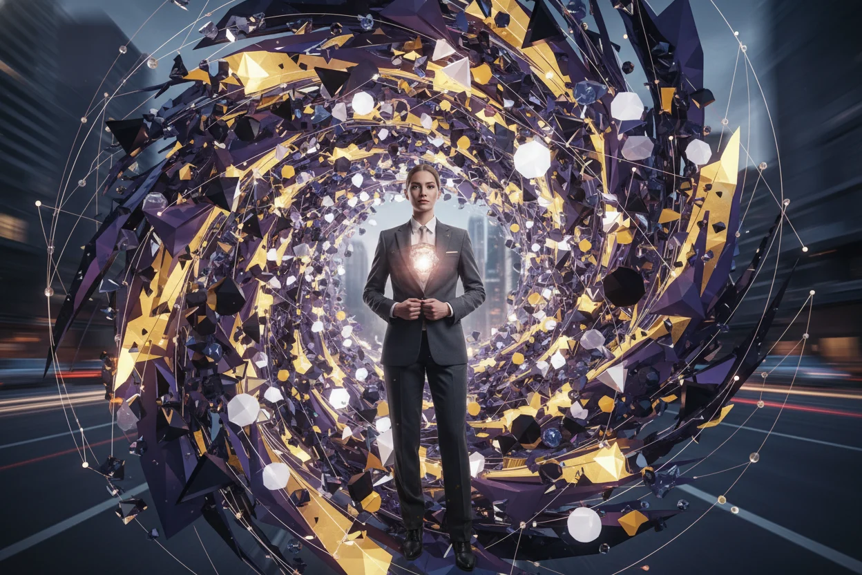 A confident, gender-neutral professional stands poised within a dynamic vortex of violet, vibrant yellow, radiant gold, crisp white, and deep black geometric shapes and light, symbolizing the fluid, interconnected nature of modern work and the boundless evolution of opportunities. A subtle, polished gem-like glow emanates from their core, highlighting their refined expertise amidst the swirling complexity.