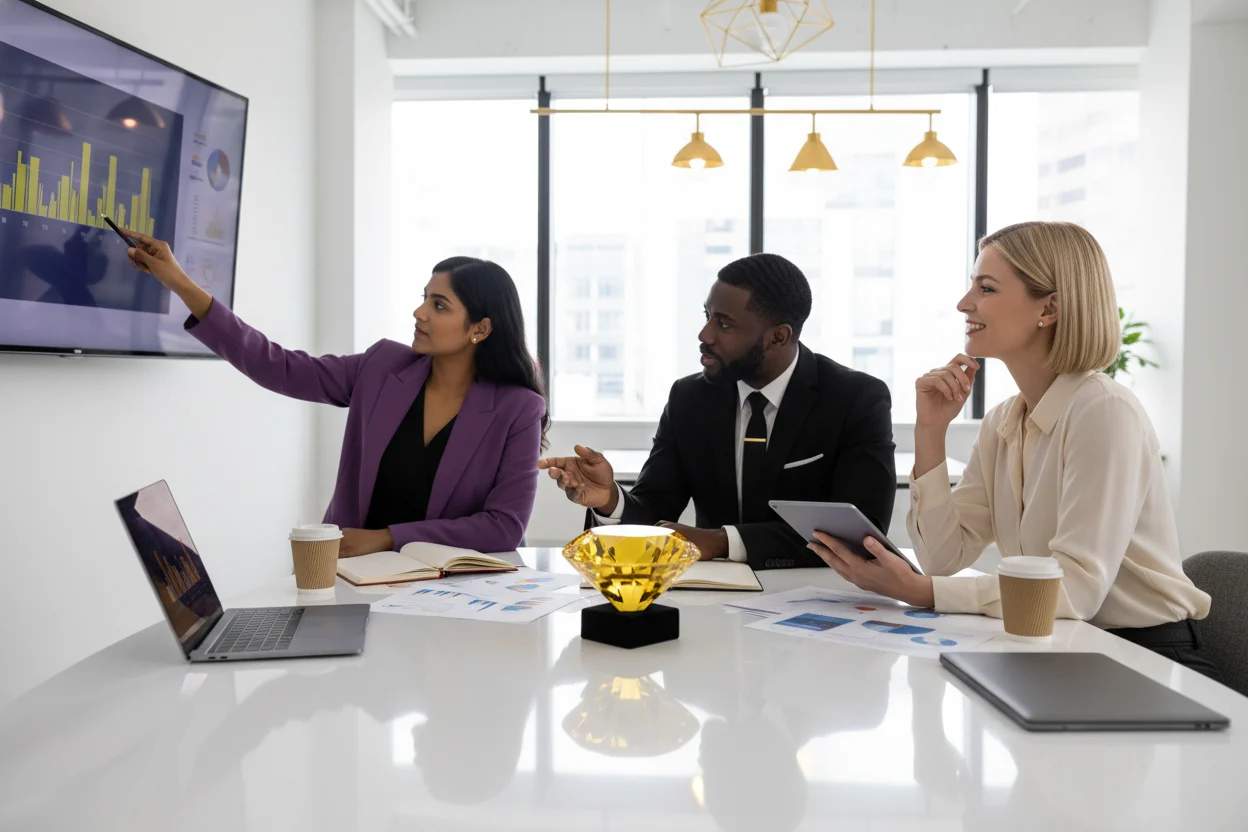 Three diverse professionals in a modern, bright office collaborate around a table, with a prominent golden diamond reflecting violet and yellow light. This symbolizes refined skills and valuable investment, underscoring focused human interaction, strategic clarity, and the integration of personal purpose with market demand.