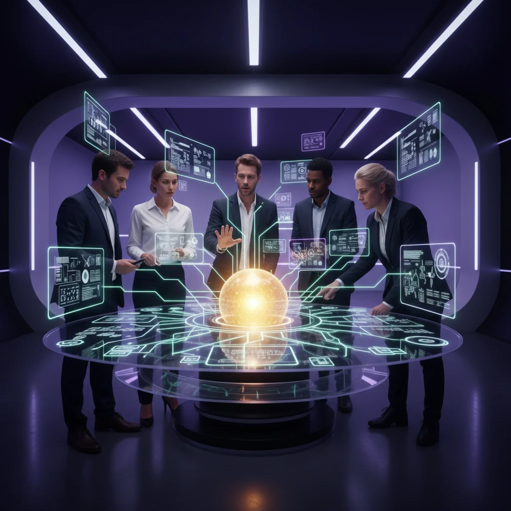 Diverse professionals actively sculpt complex ideas within a sophisticated workspace, where interconnected lines and glowing abstract diagrams symbolize strategic thinking. A central golden glow radiates insight and value, enveloped by deep violet, crisp white, and elegant black, portraying a focused, innovative spirit.