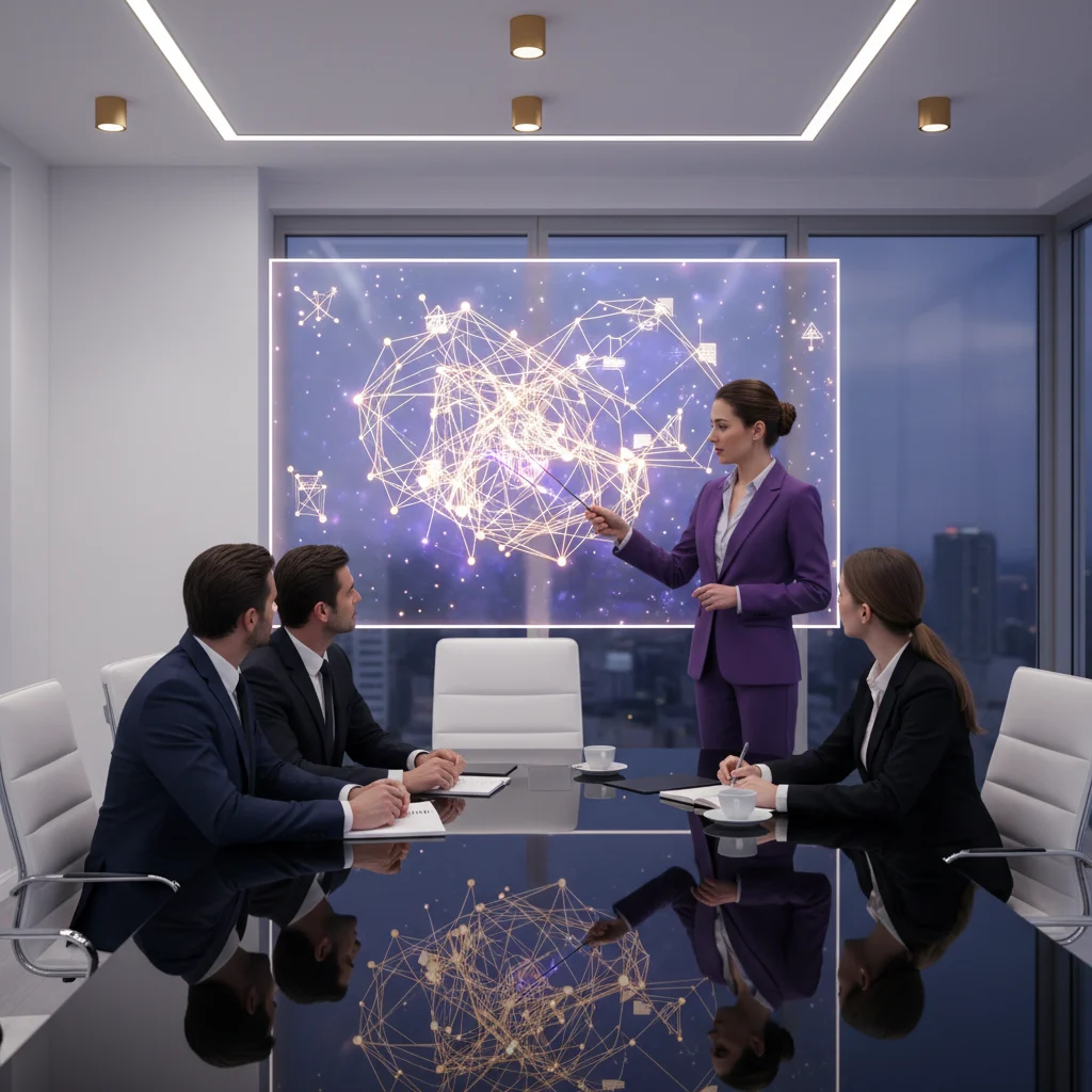 A sharp consultant, amidst a backdrop of violet, gold, white, and black, guides business clients through future strategies. Their hand illuminates an abstract, glowing diagram, a symbol of crystallized expertise and visionary direction, fostering a focused and collaborative atmosphere in a sleek conference room.