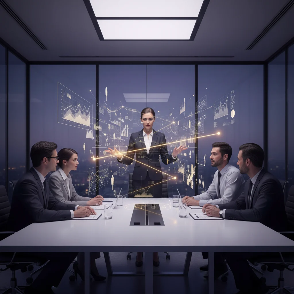 A photorealistic depiction of an interim expert's strategic insight, visualized as powerful golden light rays, precisely cutting through abstract data projections to clarify complex business challenges. Set in a modern corporate environment, diverse team members are deeply engaged and observant, emphasizing the immediate impact of expert guidance. The dominant palette of violet, gold, white, and black powerfully conveys clarity and solution.