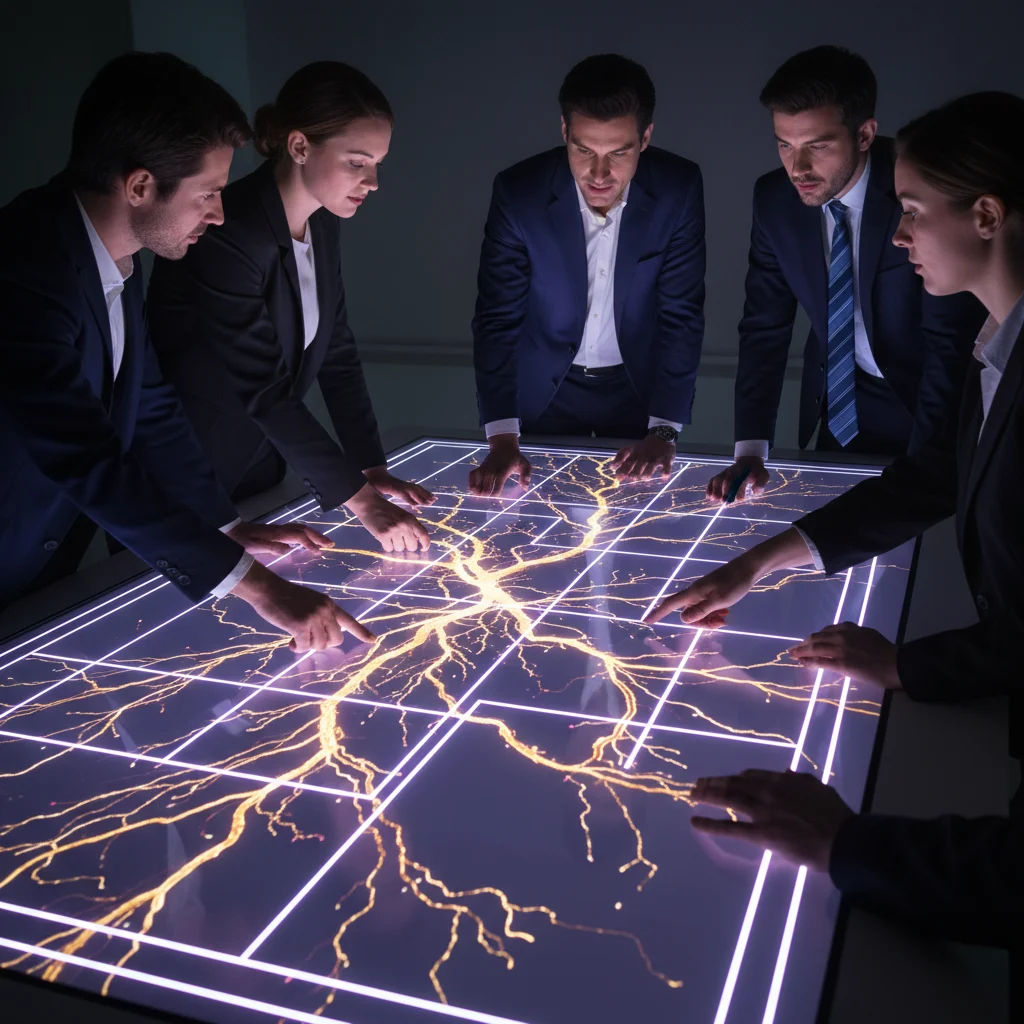 Diverse professionals intensely analyze a dynamic, glowing table display, where abstract violet and white geometric boundaries precisely define project scope. Shimmering golden light patterns intricately weave through, symbolizing financial clarity and value, while the surrounding environment fades into obscurity. Their focused gestures and discussions underscore the critical precision and strategic insights revealed by this interactive visualization.