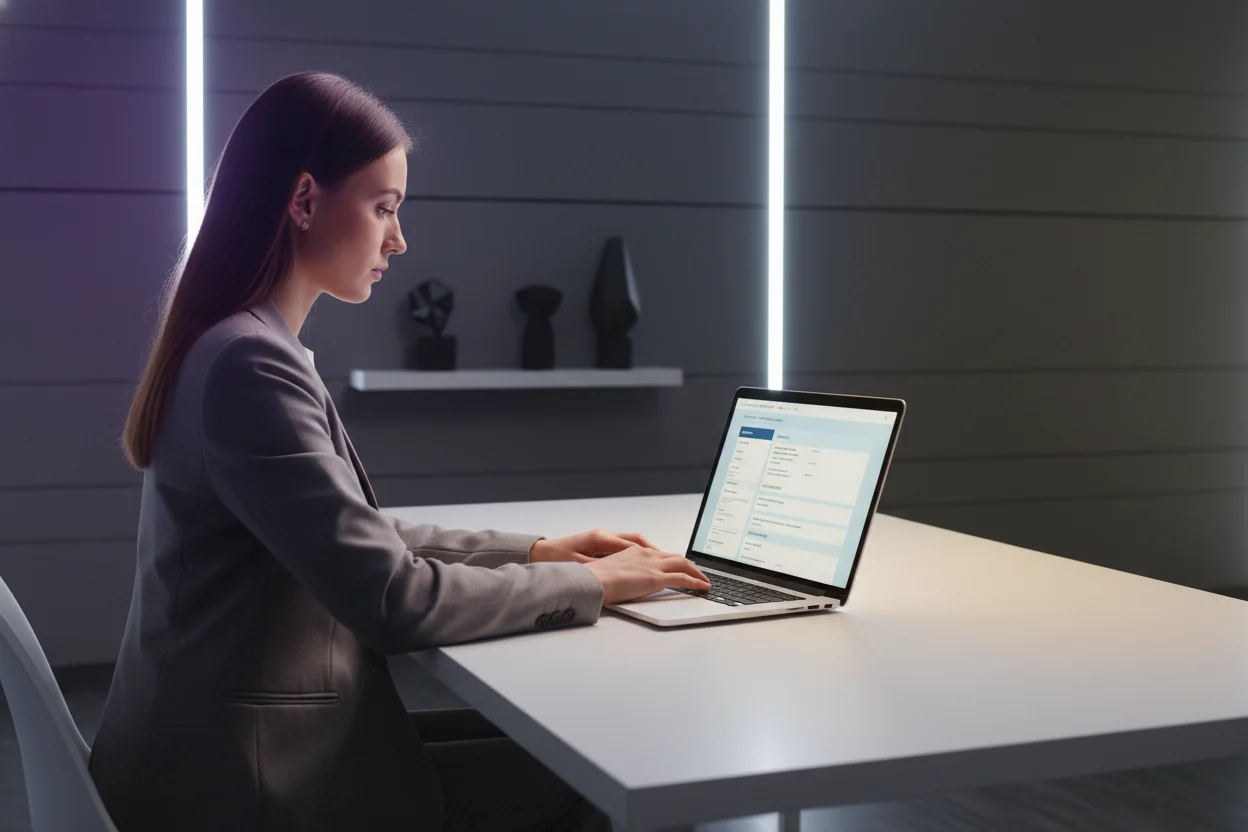 A photorealistic depiction of focused professional diligence, where violet, golden yellow, and white light converge to emphasize the clarity, value, and strategic insight gained from thoughtfully reviewing an employment profile. This minimalist setting underscores the concrete and empowering decisions being made, reflecting a clear vision for the future.