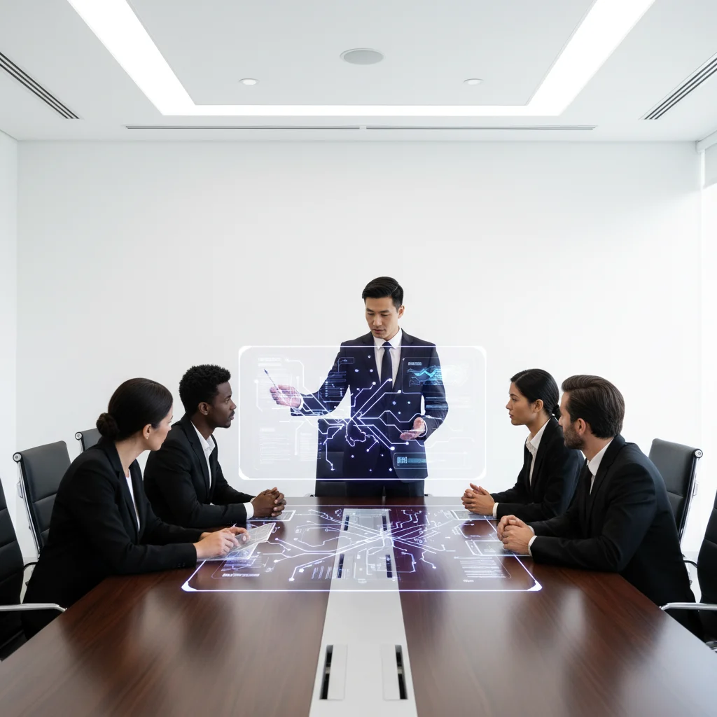 A photorealistic depiction of diverse business professionals collaborating in a sleek, modern conference room. A holographic display, glowing with violet for insights and gold for value, showcases complex data, while professionals in black suits engage in focused discussion and review conceptual contract layouts, all under crisp white light.