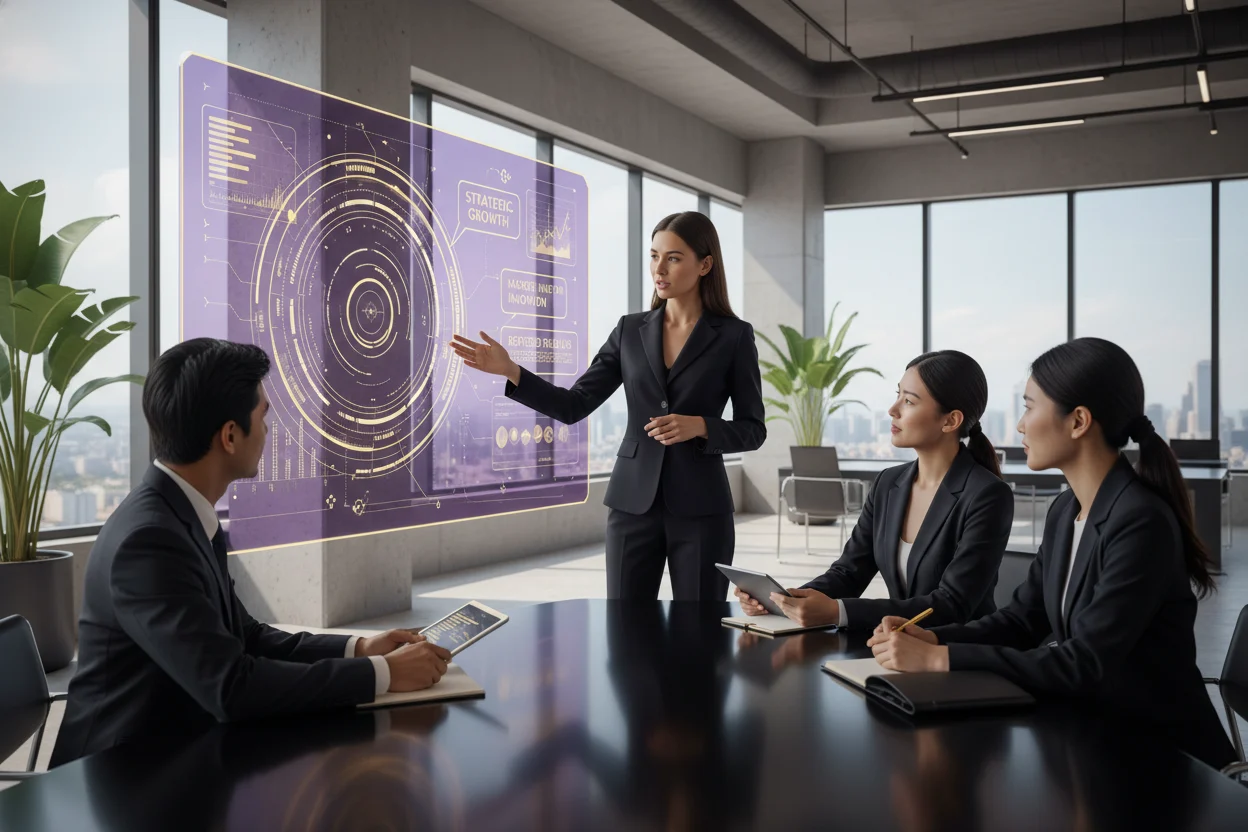 A photorealistic image captures diverse business professionals in a modern office, collaboratively honing their expertise. A central figure confidently articulates clear, valuable insights on a display, embodying sharpened skills and strategic understanding. The scene is imbued with a violet, yellow, gold, white, and black palette, conveying clarity and a significant investment in professional development.