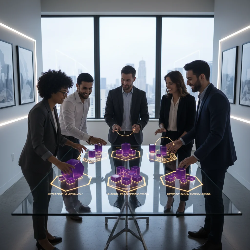 A diverse team of professionals dynamically structures complex ideas into tangible service packages, collaboratively arranging glowing violet and gold blocks on a sleek interactive surface. The scene in a modern workspace emphasizes innovative collaboration and clearly defined consulting offerings.