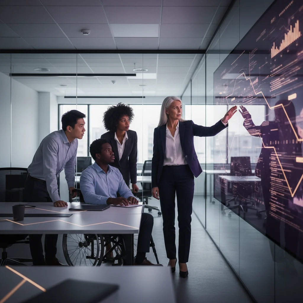 An experienced interim leader dynamically guides a diverse team through complex data on a large digital display, bathed in violet and gold light, in a modern, collaborative office. The professional, energetic atmosphere conveys strategic clarity and active problem-solving, set against a backdrop of white and black tones with high-tech accents.