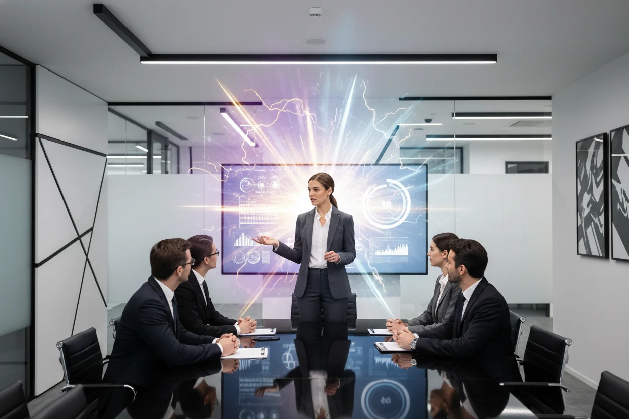 A photorealistic image capturing a confident professional articulately presenting a valuable solution in a modern office. Subtle radiance in violet, golden yellow, and white light surrounds them, symbolizing polished expertise and strategic investment. Black and white accents highlight human-centric clarity and problem-solving.