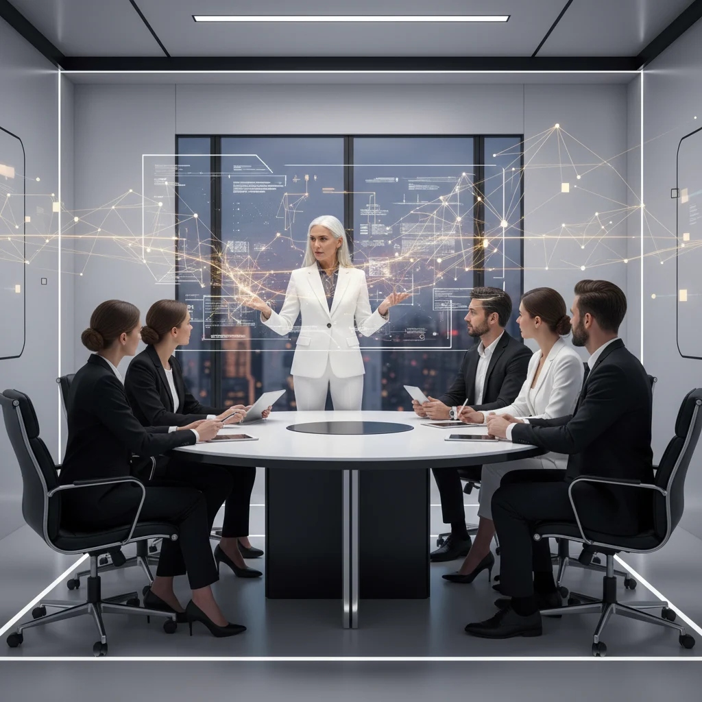 Diverse professionals converge in a high-tech meeting room, where a central expert figure unifies complex challenges with clarity. Glowing violet and gold elements abstractly depict emerging solutions and interconnected ideas, set against the sleek contrast of modern white and black professional attire and an innovative environment.