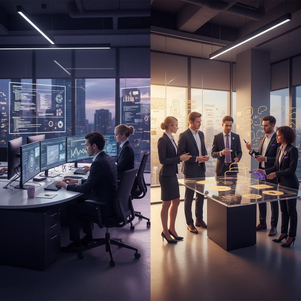 A photorealistic depiction of a modern office showcasing two distinct work styles: individuals meticulously executing tasks on digital screens, and a group engaged in strategic brainstorming around a conceptual display. The scene, rich with active human figures, is rendered in a sophisticated palette of violet, gold, white, and black, highlighting the dynamic interplay between focused execution and expansive vision.