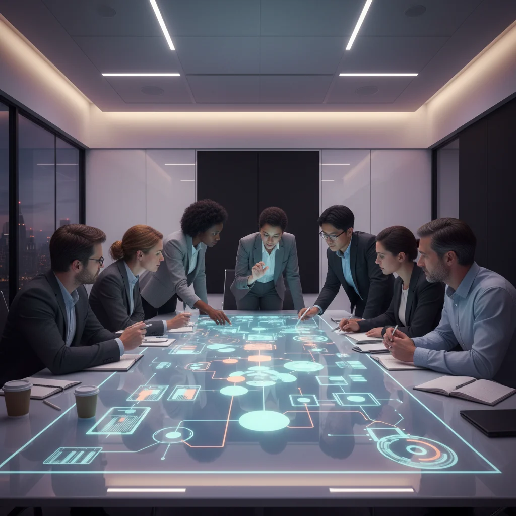 A diverse team of professionals, including consultants and clients, intensely collaborates around a large, luminous interactive display in a sophisticated, modern conference room. Bathed in soft ambient light with violet and gold hues, the scene radiates clarity and innovation as complex expertise is forged into defined, actionable strategies, signifying successful problem-solving and tangible outcomes.