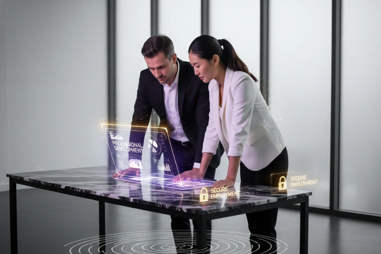 A photorealistic image portraying two diverse professionals in attentive collaboration at a sleek, modern office desk. Bathed in a subtle, glowing aura of violet, gold, and yellow, and grounded in white and black tones, the scene powerfully conveys stability, professional development, and the valuable clarity of refined skills within a secure employment relationship.
