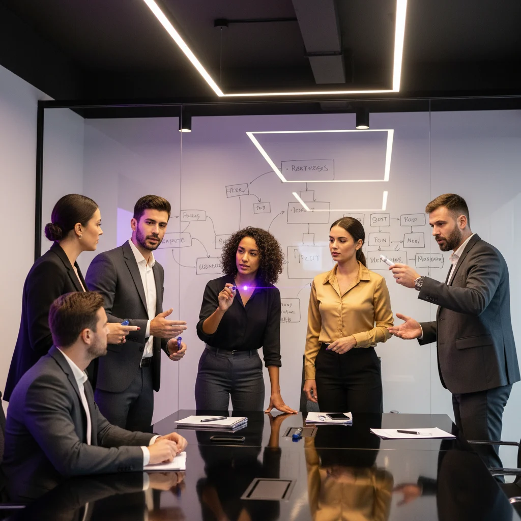 Diverse professionals converge in a modern, violet and gold-accented space, passionately shaping innovative strategic solutions on a glass board, embodying focused collaboration for a unique interim offering.