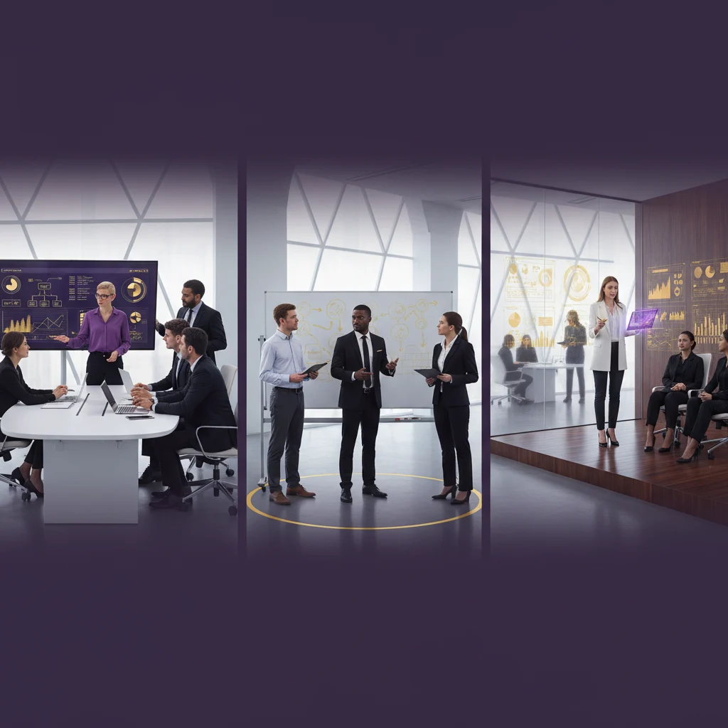 A photorealistic portrayal of expert collaboration, showcasing integrated team contribution, focused leadership, and strategic advisory in a modern office, highlighted by a sophisticated palette of violet, gold, white, and black.