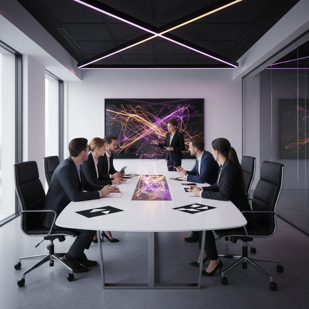 A diverse team collaborates dynamically in a modern workspace, bathed in striking violet and gold light against a clean white and black backdrop. This visual symphony embodies innovative strategy, clear expertise, and premium value in crafting tailored business solutions.