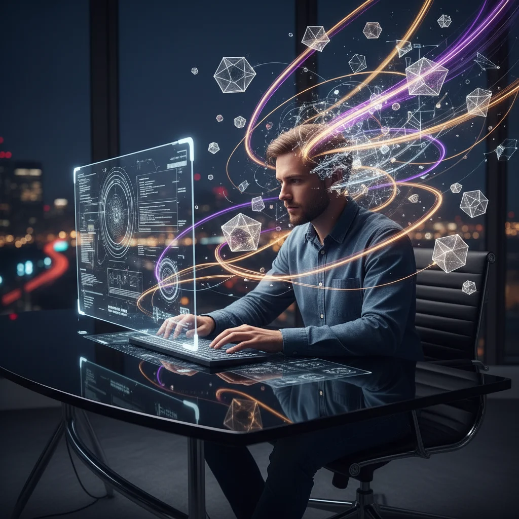 An active figure, intensely engaged in a digital task on a sleek desk, is enveloped by dynamic light trails and abstract geometric shapes in violet, gold, white, and black, symbolizing the profound clarity and articulation of specialized skills in the digital realm.