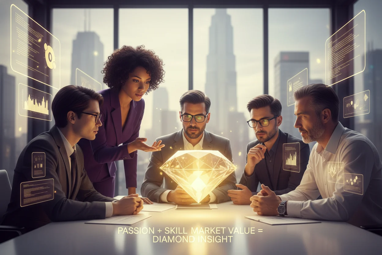 Diverse professionals in a vibrant, modern setting intensely refine expertise, embodying the 'polishing a diamond' metaphor. A golden light marks their collaborative zenith, symbolizing the precise convergence of passion, skill, and market value into invaluable, actionable knowledge.