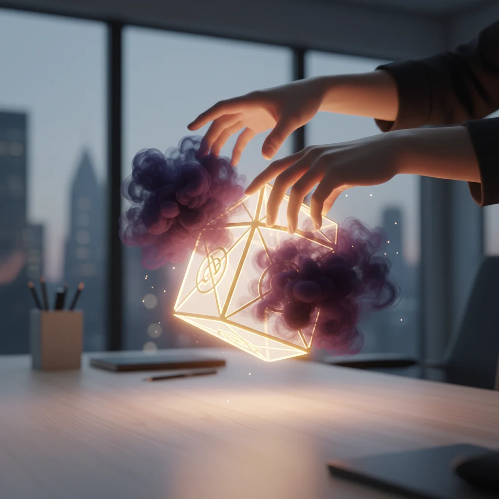 Witness a skilled freelancer's hands precisely sculpting abstract, swirling violet and black expertise into a luminous, clearly defined golden and white service package. This image beautifully symbolizes the transformation of raw knowledge into articulated, valuable solutions for business needs, presented in a clean, professional setting.