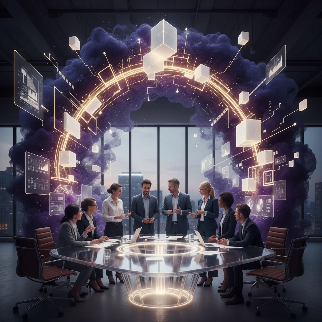 A photorealistic depiction of diverse professionals engaged in vibrant collaboration, where complex violet and black light forms dynamically transform into structured golden and white insights, symbolizing the powerful process of articulating and productizing collective expertise into tangible innovation.