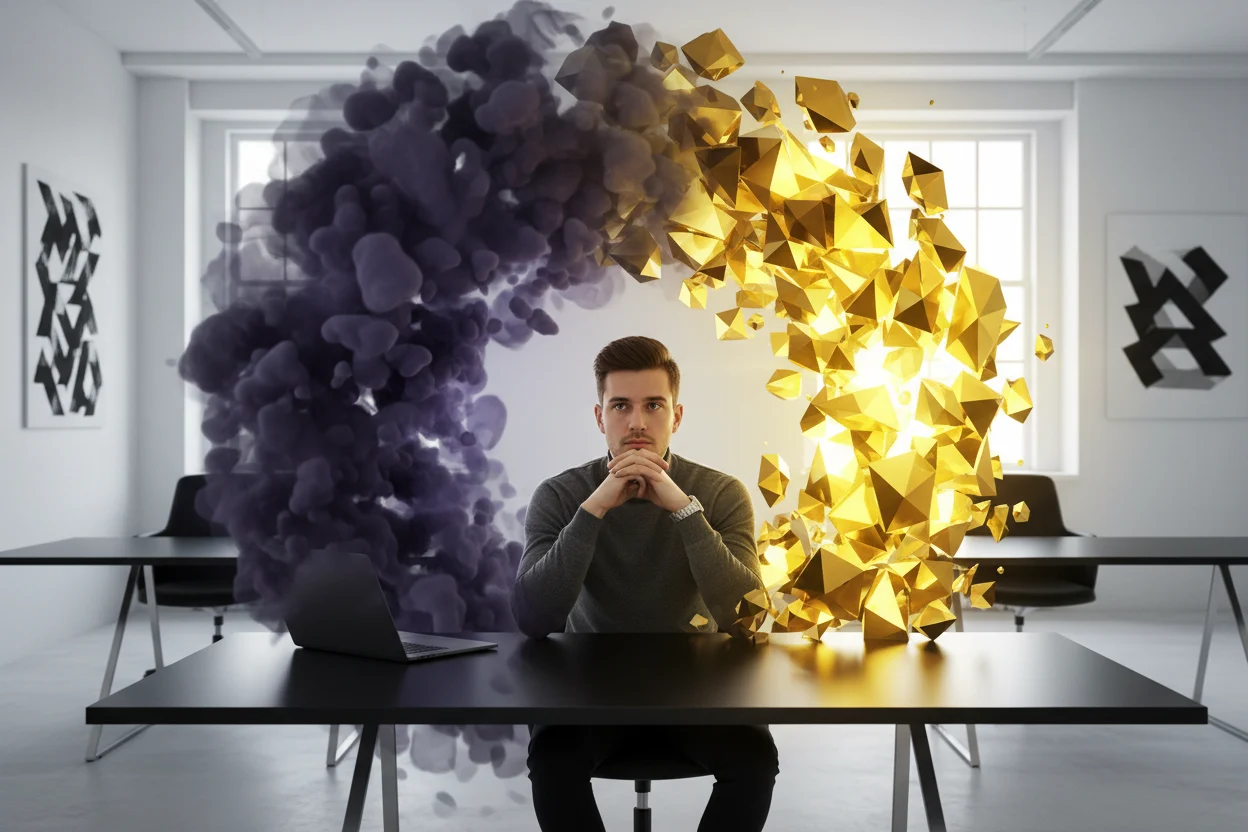 A professional's thoughtful journey captured, as swirling violet and black initial thoughts crystallize into radiant, sharp gold and yellow diamond-like insights, symbolizing the profound transformation from uncertainty to clarified knowledge within a modern workspace.