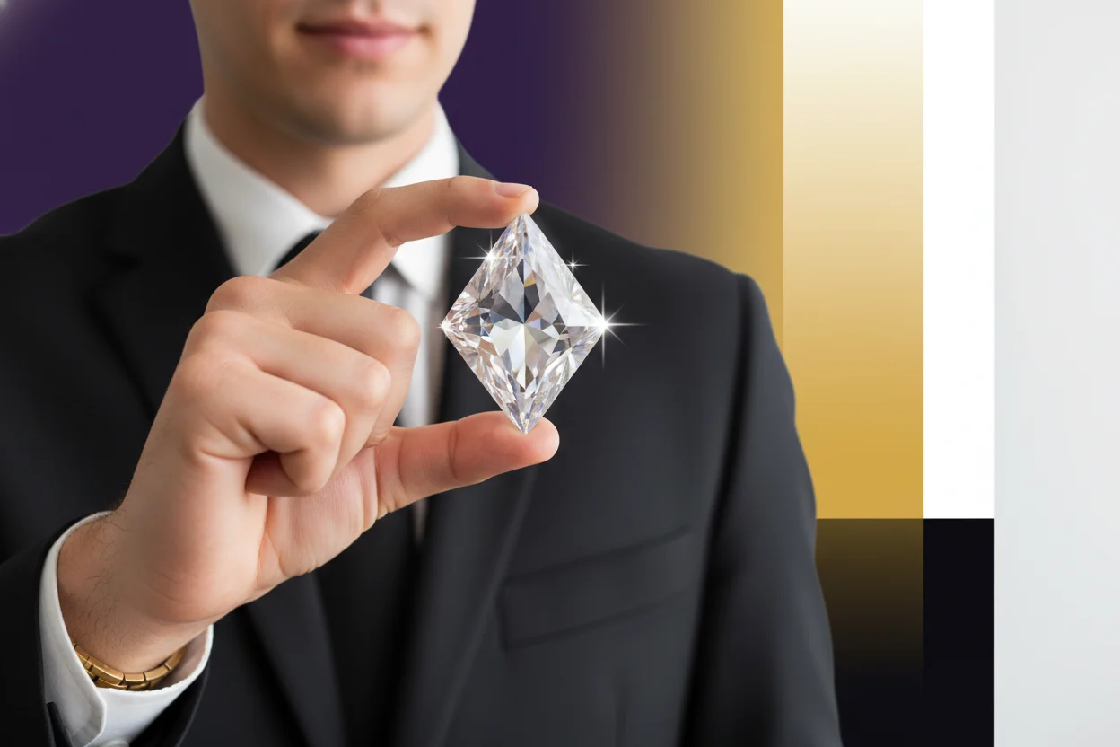 A photorealistic portrayal of a discerning professional person intently examining a magnificent, sparkling gemstone. Symbolizing refined value and absolute clarity, the gem is the focal point against a minimalist background infused with a sophisticated palette of violet, gold, yellow, white, and black, encapsulating a moment of profound insight and expertise.