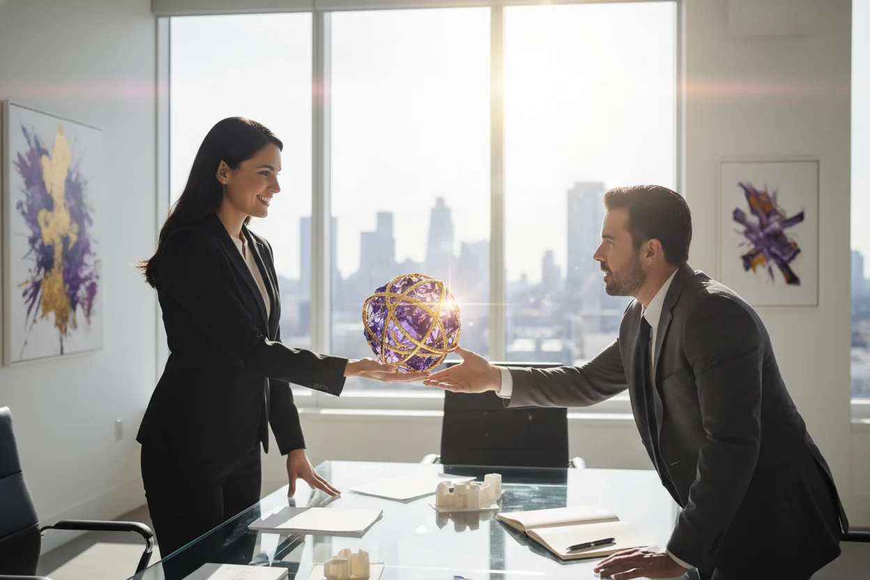 A confident business expert presents a brilliant, multifaceted golden and violet diamond, symbolizing a refined solution, to a receptive business leader. Set in a modern, sunlit office, the image conveys clarity, innovative problem-solving, and a valuable investment, highlighted by vibrant violet, warm yellow, radiant gold, crisp white, and deep black.