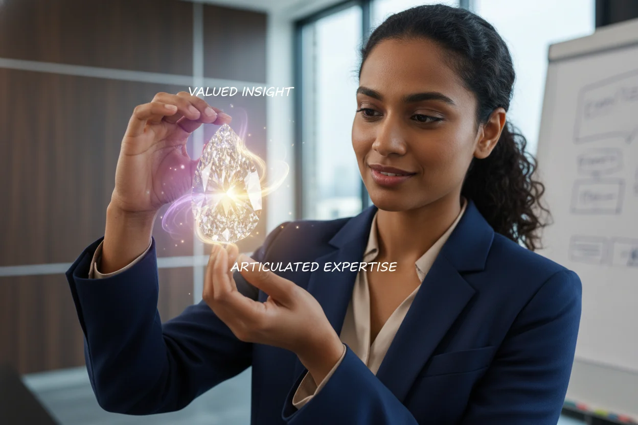 A compelling photorealistic depiction of a diverse professional person thoughtfully presenting a radiant, perfectly cut diamond. The gemstone glows with soft violet, golden yellow, and white light, symbolizing their clearly articulated and highly valued expertise against a clean, softly blurred modern office background with dark accents.
