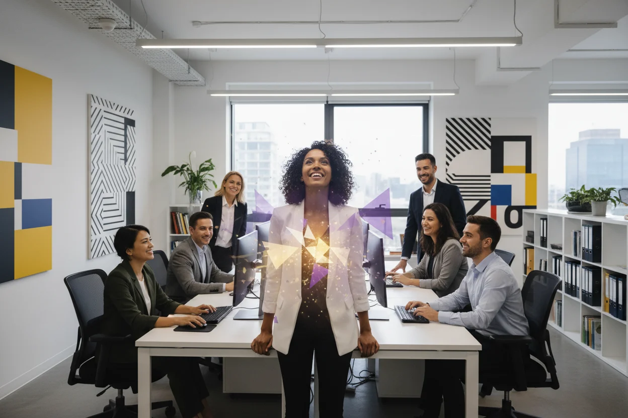A photorealistic depiction of diverse professionals in a modern, collaborative workspace, deeply focused and experiencing a flow state. The scene crescendos with one individual's radiant 'aha!' moment, illuminated by a subtle, polished diamond-like glow in violet, yellow, and gold, symbolizing refined passion and valuable skills. The vibrant palette, featuring white and black accents, conveys clarity, energy, and profound insight.