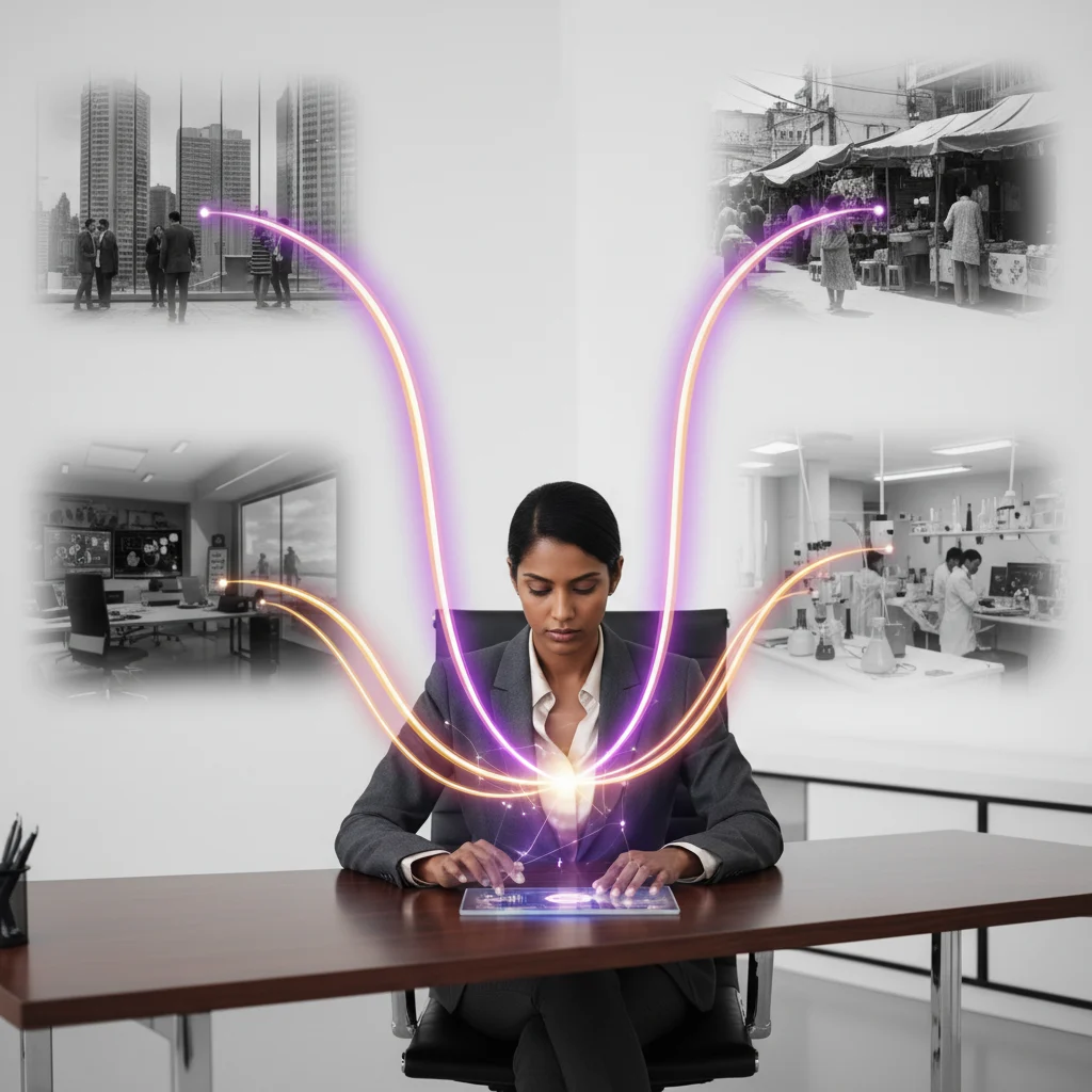 A photorealistic image portraying a versatile professional in a sleek, modern workspace, emanating dynamic violet and gold light streams. These vibrant energies visually connect the individual to multiple distinct, subtly blurred business environments in the background, powerfully symbolizing their fractional expertise and multi-client engagement across diverse domains.