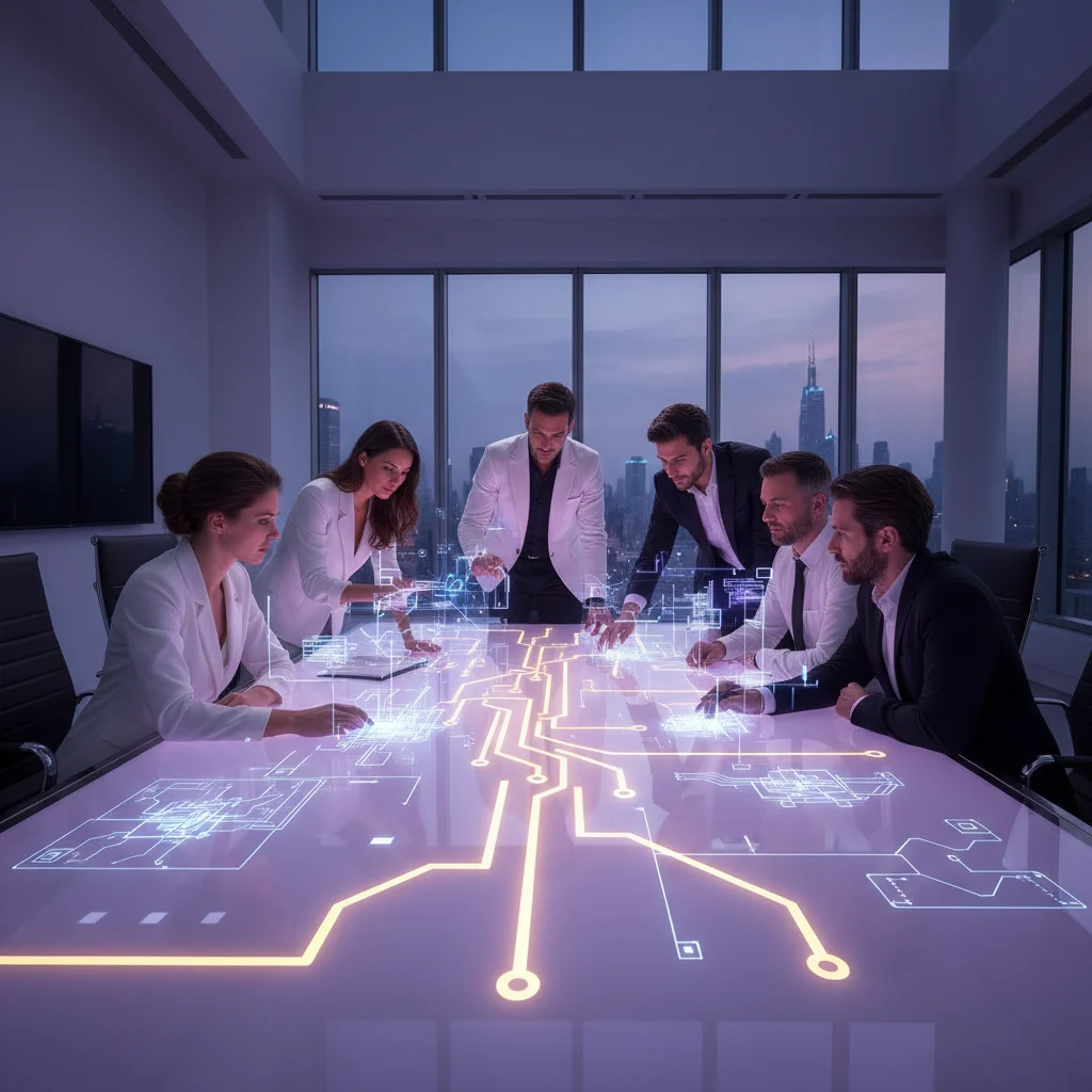 Diverse professionals unite around a glowing, transparent table, transforming intricate data streams into a radiant golden solution pathway, illuminated by ethereal violet light. This powerful visual symbolizes the collaborative alchemy of expertise, turning complex challenges into clear, elegant outcomes amidst a sophisticated, high-contrast office setting.